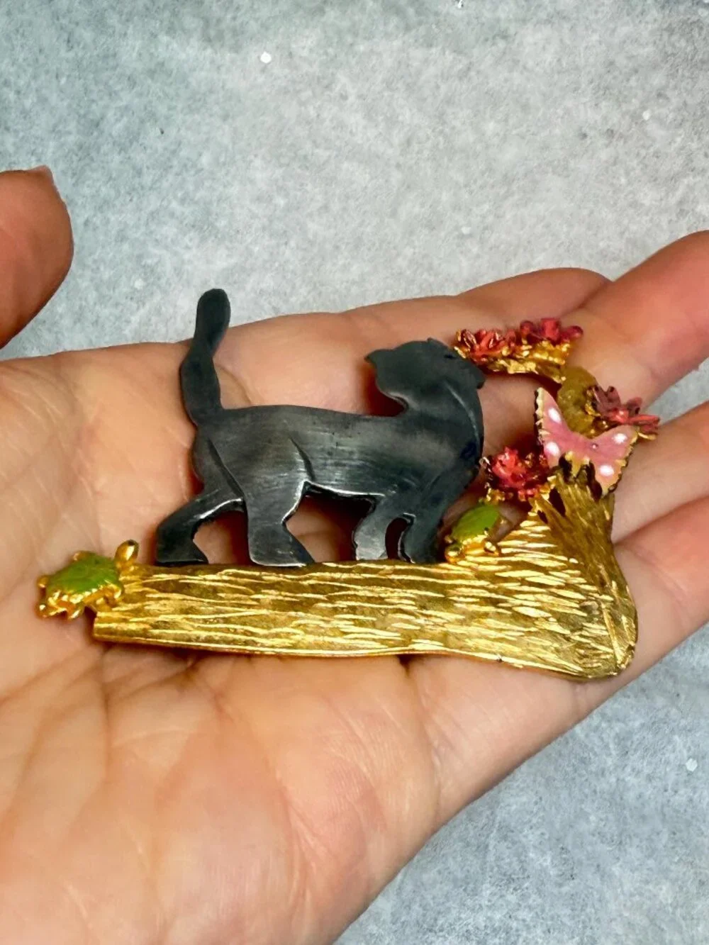 OOAK Ultra Craft Cat Brooch Upcycled Branch Flowers Butterfly Vintage 2.75 inche